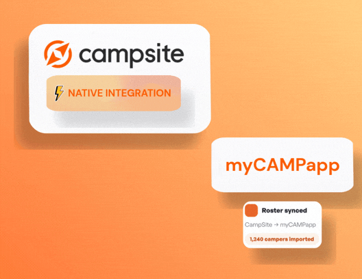 CampSite connects natively to myCAMPapp: a roster sync showing 1,240 campers imported from CampSite into myCAMPapp