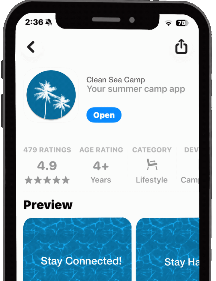 Custom-branded camp apps in the Apple App Store, cycling through Clean Sea Camp, Fawn Fields, and Camp Firewood