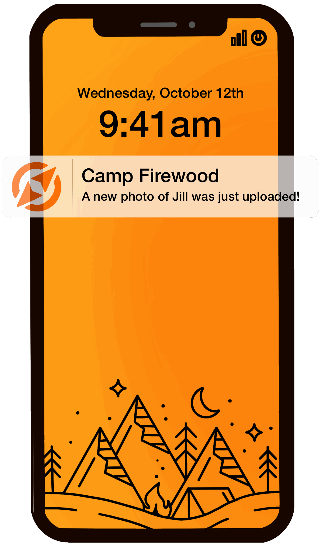 A myCAMPapp push notification on a phone lock screen: Camp Firewood: A new photo of Jill was just uploaded!